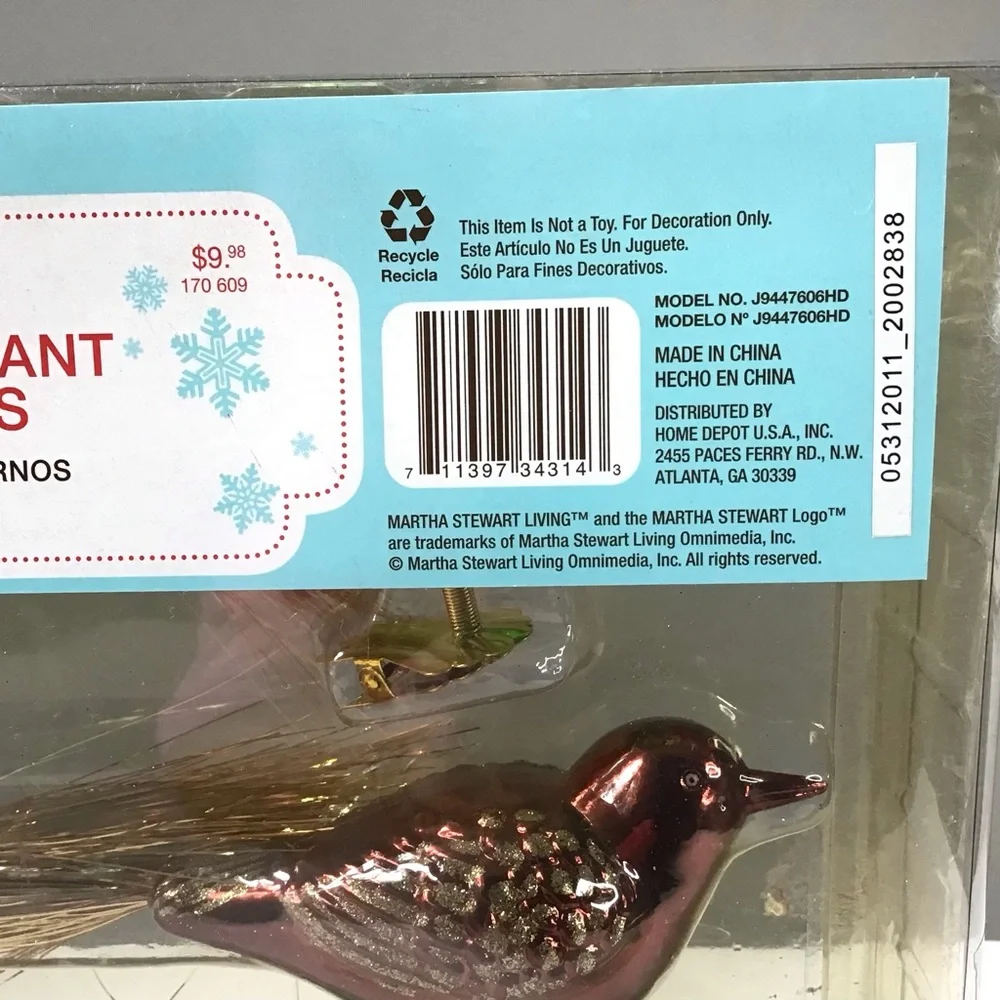 Martha Stewart Living Bird Ornaments Clip-On Shatter-Resistant Multi-Color 6Pcs
